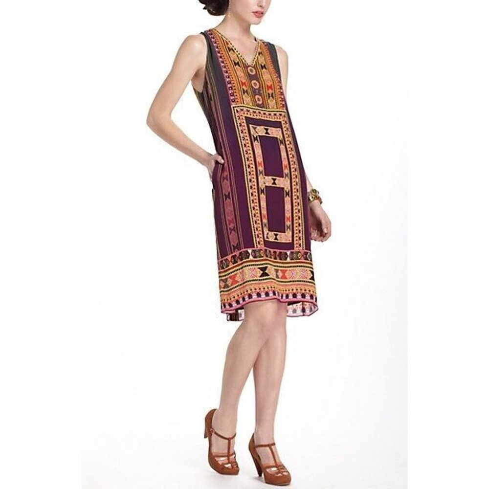 Anthropologie Tanvi Kedia Shift Dress Purple Boho Sleeveless V-Neck Pockets L